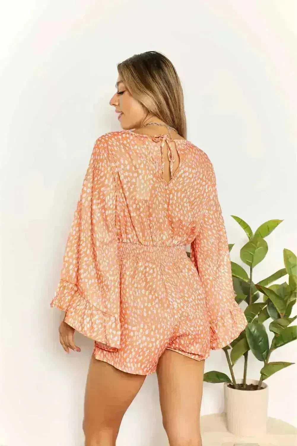 Double Take Printed Flare Sleeve Surplice Romper - Femstylo