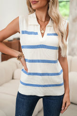 Sky Blue Striped Split V Neck Collared Ribbed Knit Vest