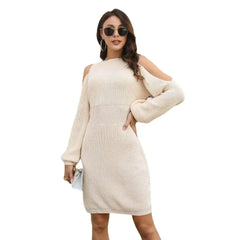 Lantern Sleeve Woolen Skirt Female Waist Trimming Loose Knitted Dress - Femstylo