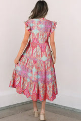 Rose Ethnic Paisley Print Ruffle Sleeve Notch Neck Midi Dress - Femstylo