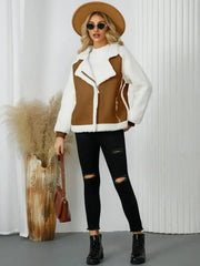 Pocketed Sherpa Zip Up Long Sleeve Jacket - Femstylo