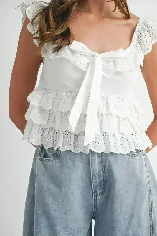 MABLE Eyelet Embroidered Front Tie Ruffle Top - Femstylo