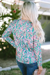 Green Floral Pleated Blouse - Relaxed Long Sleeve Top | Femstylo - Femstylo