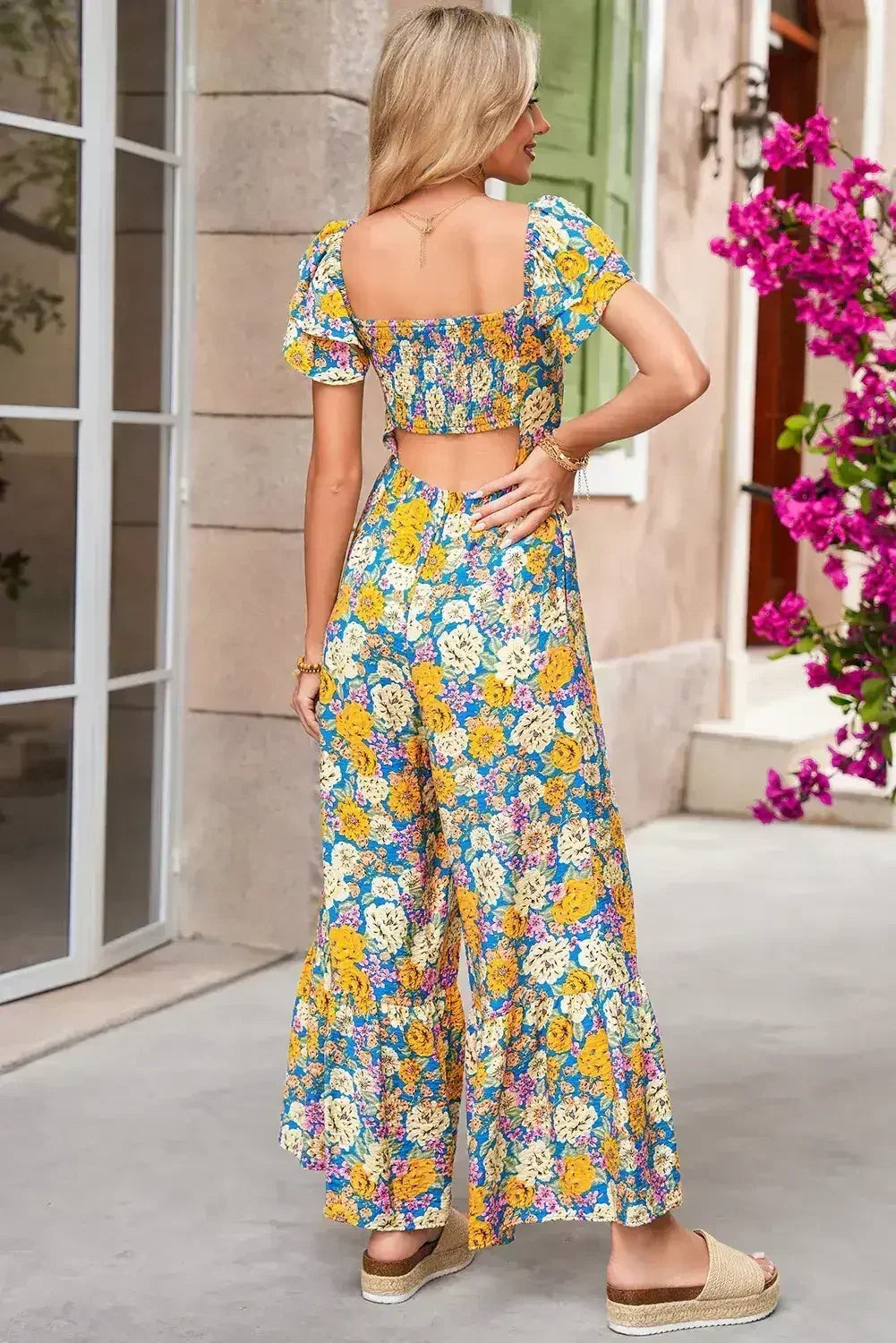Yellow Floral Allover Print Shirred Cut Out High Waist Jumpsuit - Femstylo