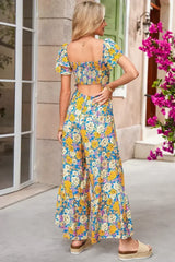 Yellow Floral Allover Print Shirred Cut Out High Waist Jumpsuit - Femstylo