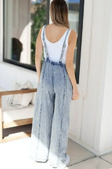 Blue Light Wash Frayed Exposed Seam Wide Leg Denim Overalls - Femstylo