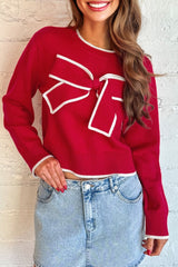 Fiery Red Contrast Trim Big Bow Accent Cropped Sweater