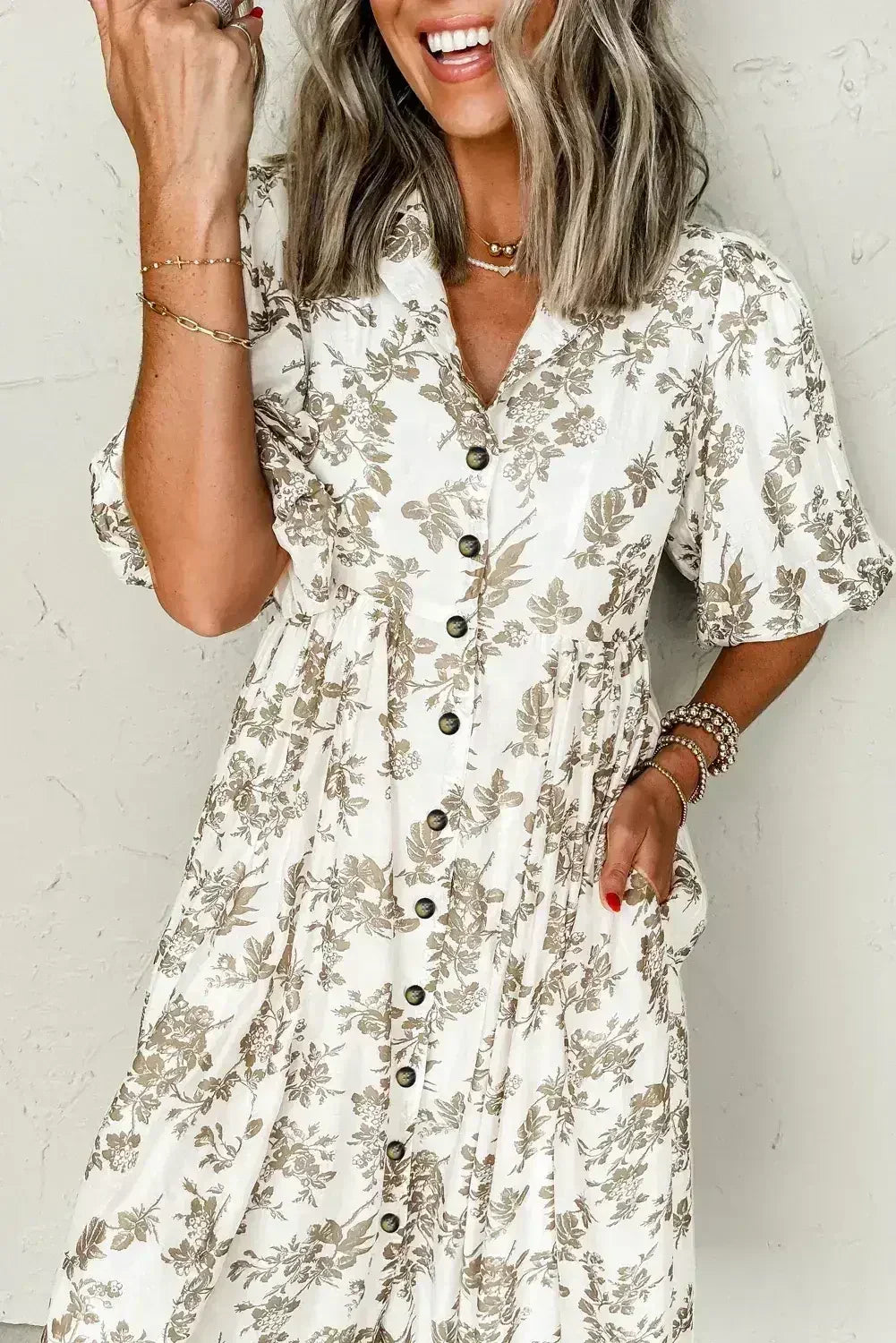 Khaki Floral Puff Sleeve V Neck Buttoned Front Maxi Dress - Femstylo
