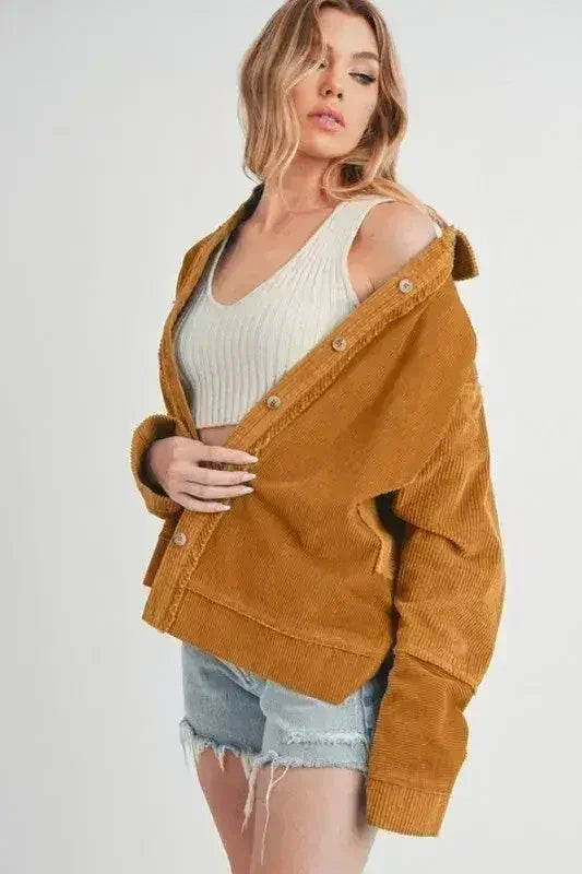 Aemi + Co Side Slit Exposed Seam Button Up Corduroy Jacket - Femstylo