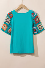 Turquoise Boho Hollowed Floral Crochet Sleeve T Shirt