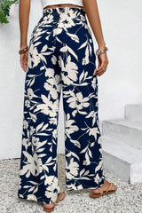 Blue Floral Smocked Frill Waist Wide Leg Pants
