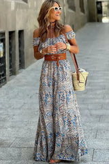Blue Boho Paisley Print Off Shoulder Maxi Dress - Femstylo