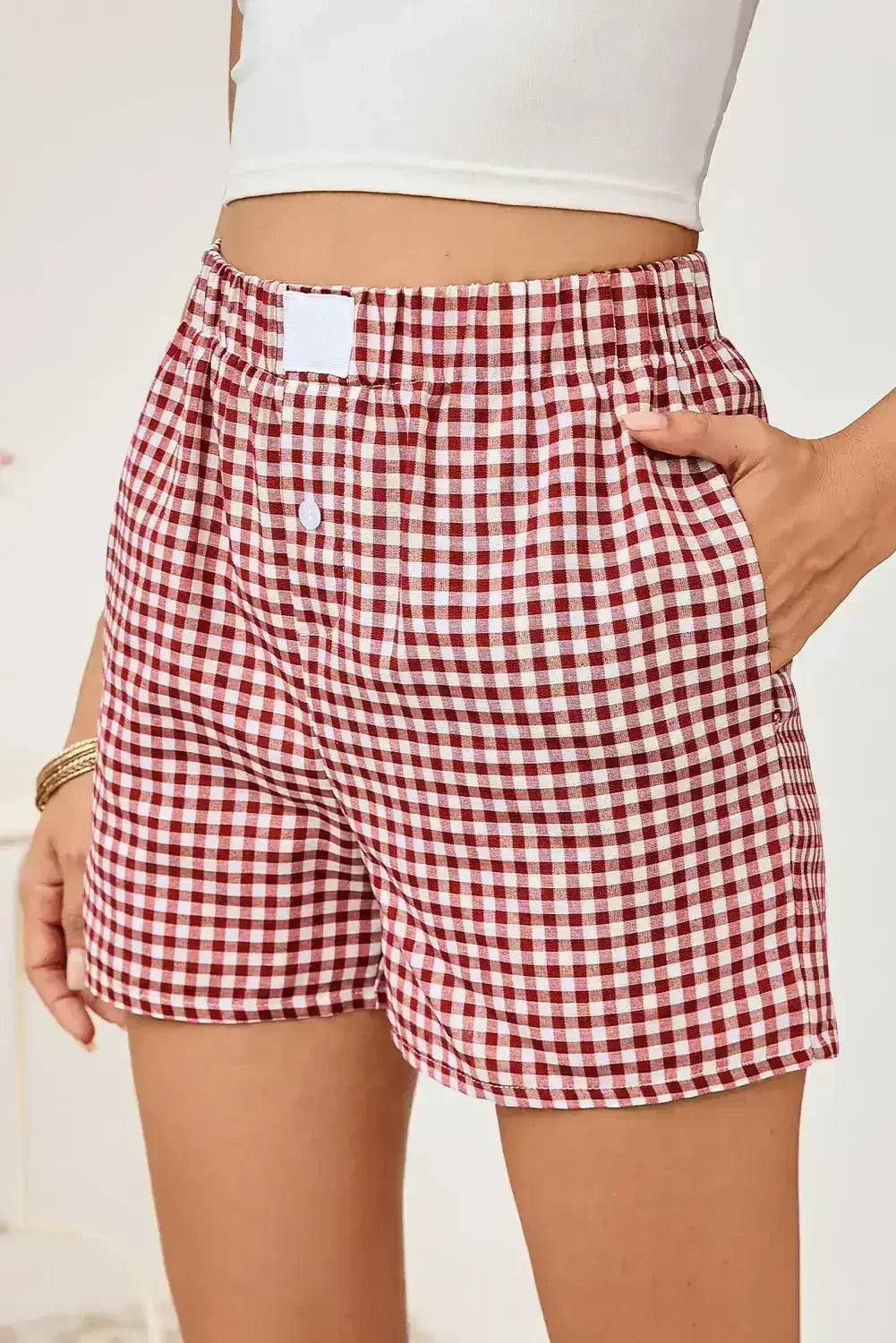 Blue Vintage Gingham Print High Waisted Loose Shorts - Femstylo