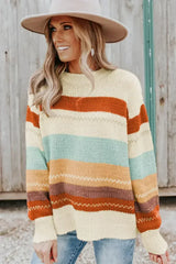Crew Neck Drop-shoulder Striped Color Block Sweater - Femstylo
