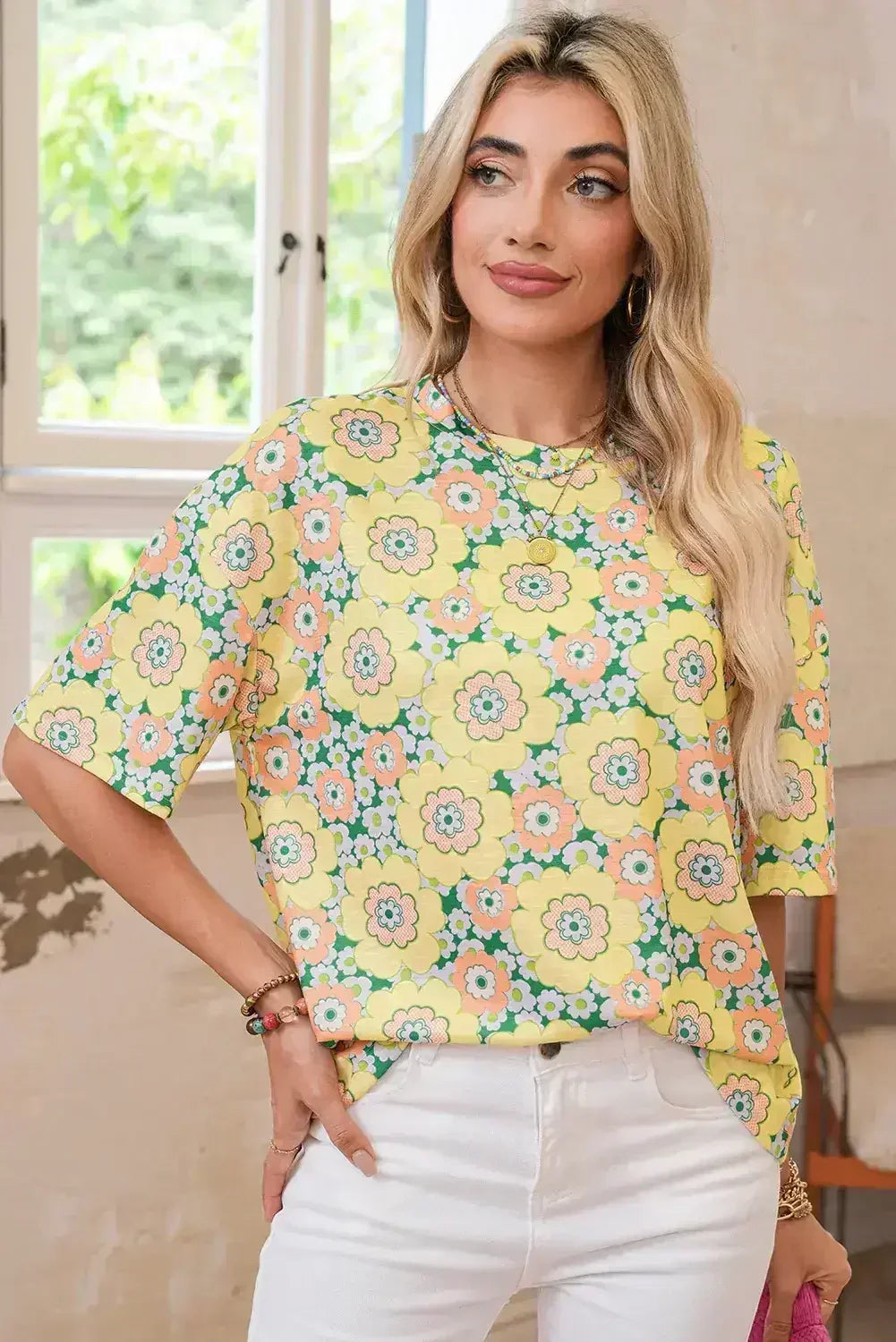 Yellow Summer Flower Print Drop Shoulder Loose T Shirt - Femstylo