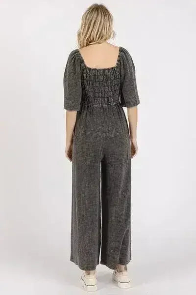 Mittoshop Mineral Wash Wide Leg Jumpsuit - Gauze Ruched Style - Femstylo