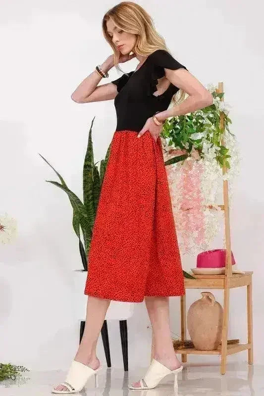 Celeste Full Size Two Tone Animal Print Flutter Sleeve Midi Dress Plus - Femstylo