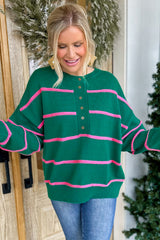 Green Striped Half Button Drop Shoulder Oversized Sweater