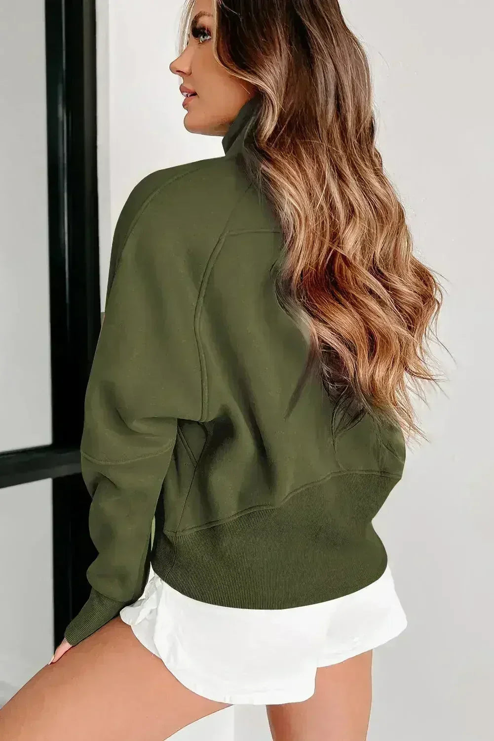 Moss Green Quarter Zip Stand Neck Kangaroo Pocket Sweatshirt - Femstylo