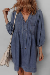 Sail Blue Pleated V Neck 3/4 Sleeve Denim Mini Dress