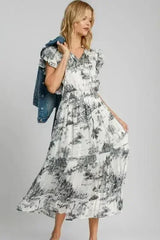 Umgee Full Size Two Tone Landscape Print Midi Dress Plus Size - Femstylo