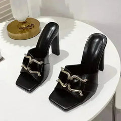 Summer New High-Heeled Women's Shoes Square Head Square Flat With Meta - Femstylo