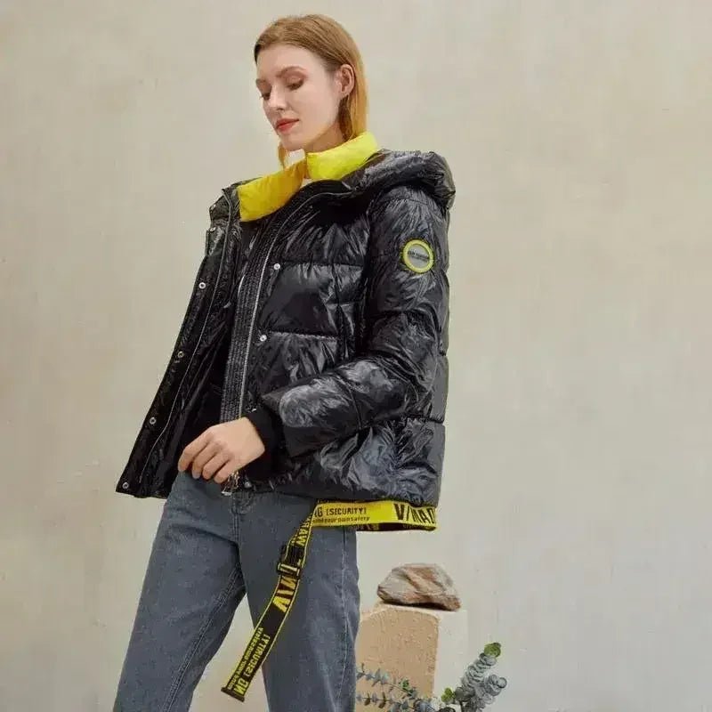 Short women winter coat parkas warm hooded shiny jacket coat Ladies - Femstylo
