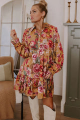 Brown Floral Print Shirt Style Long Sleeve Ruffle Mini Dress
