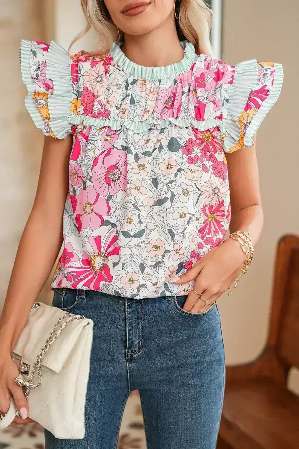 Pink Floral Print Ruffle Trim Pleated Boho Blouse | Femstylo - Femstylo