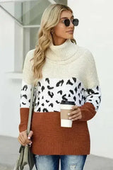 Winter Apricot Turtleneck Splicing Chunky Knit Pullover Sweater - Femstylo