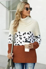 Winter Apricot Turtleneck Splicing Chunky Knit Pullover Sweater - Femstylo