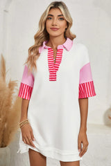 White Stripe Colorblock Sleeve Collared Pop of Color Neckline Dress