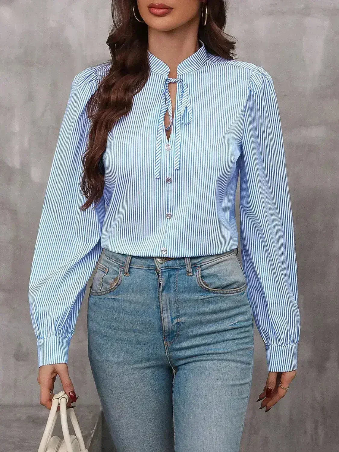 Striped Tie Neck Long Sleeve Blouse – Femstylo - Femstylo