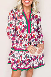 Purple Floral Print Contrast Striped Detail Long Sleeve Mini Dress