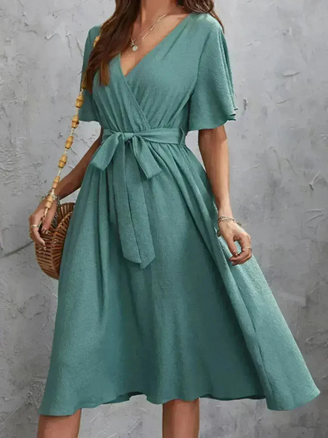 Surplice Flutter Sleeve Tie Wrist Midi Dress – Femstylo - Femstylo