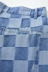Dusk Blue Checkered Light Washed Wide Leg Jeans - Femstylo