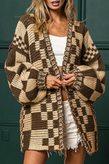 Taupe Colorblock Checked Open Front Knitted Cardigan