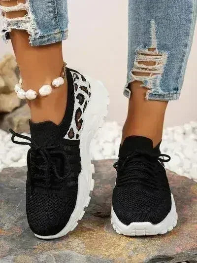 Cutout Leopard Lace Up Mesh Athletic - Femstylo