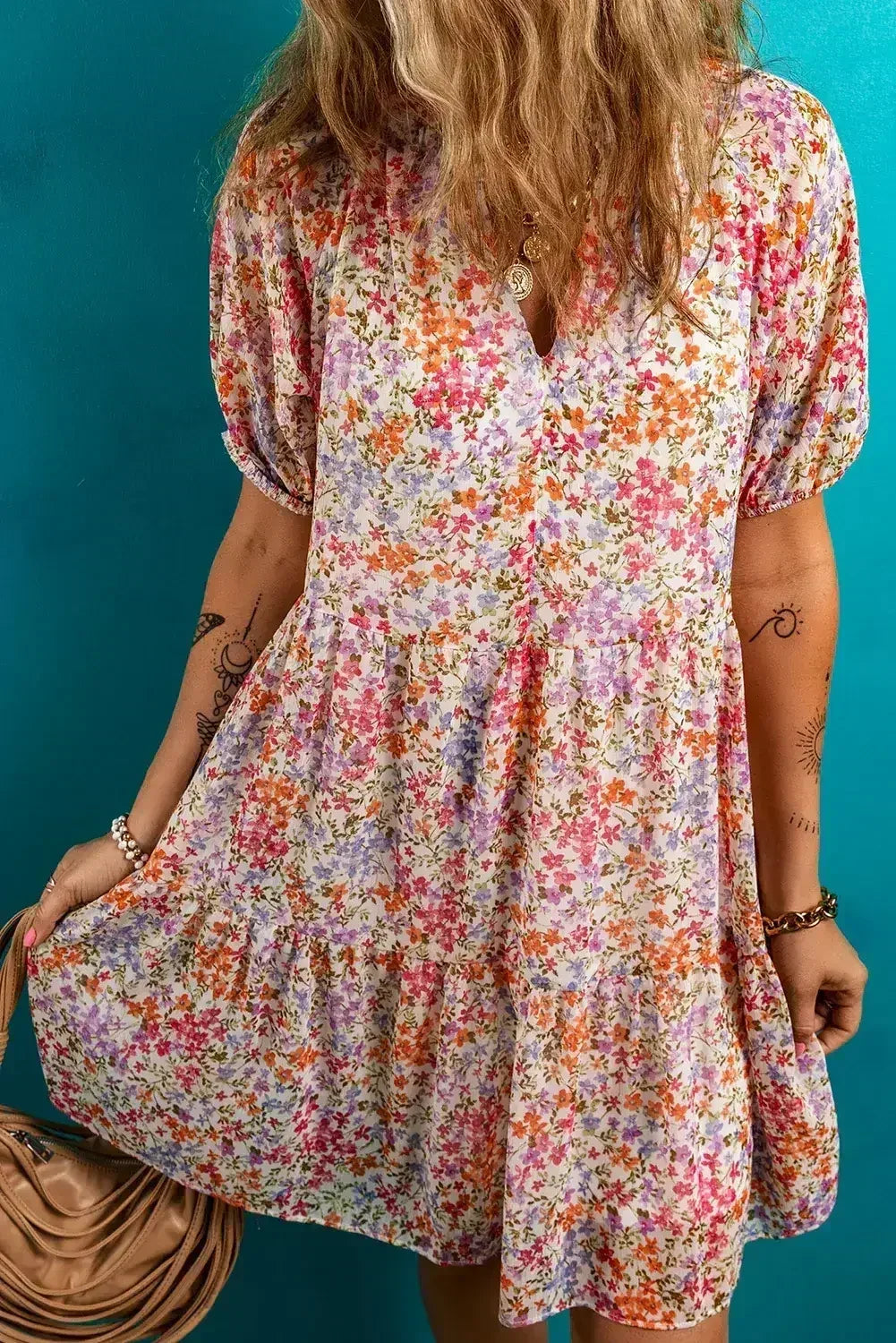 Red Floral Print Notched V Neck Puff Sleeve Tiered Mini Dress - Femstylo