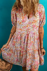 Red Floral Print Notched V Neck Puff Sleeve Tiered Mini Dress - Femstylo
