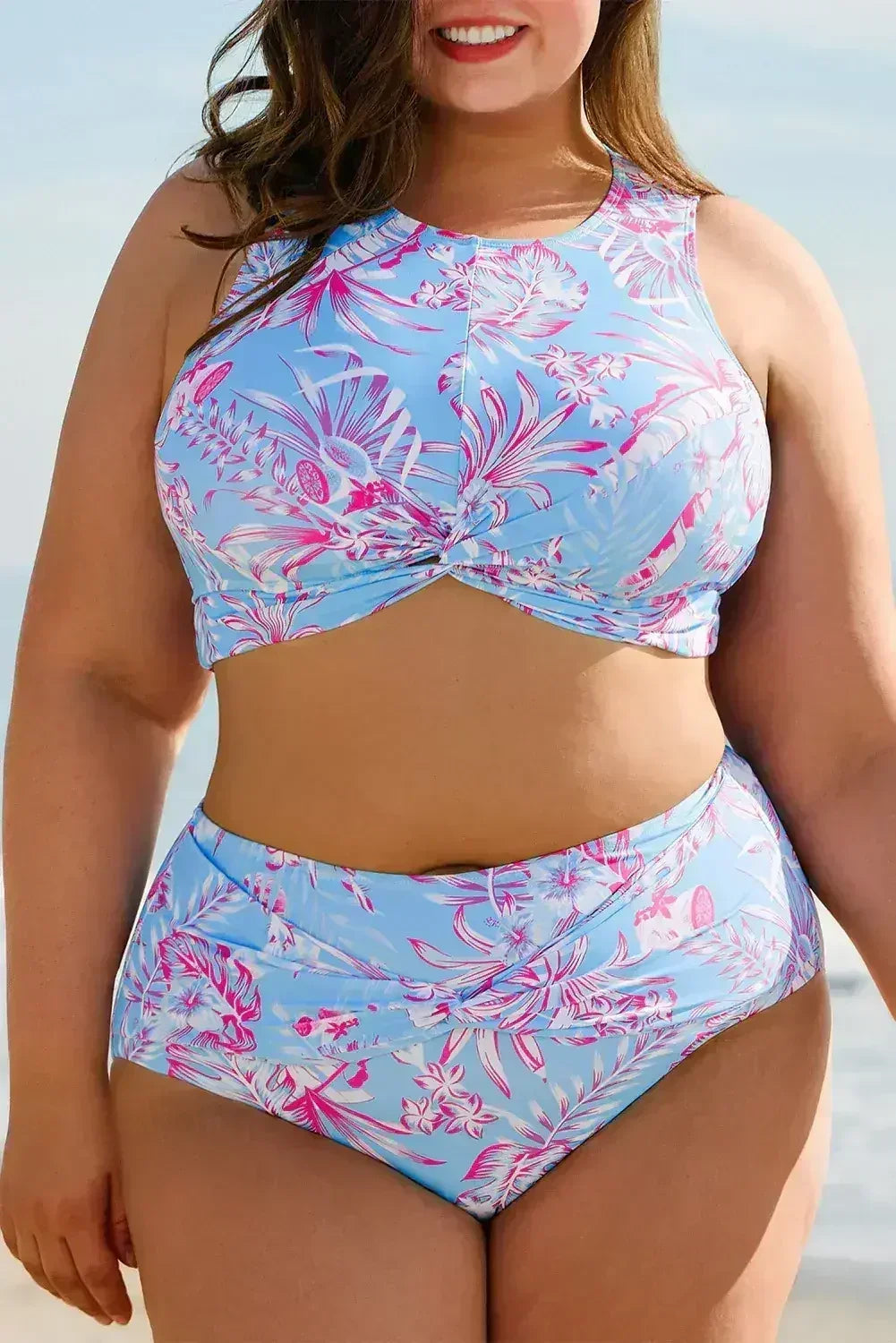 Rose Plus Size Floral Print Twisted High Waist Bikini Set - Femstylo