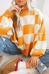 Orange Checkered Bishop Sleeve Sweater - Femstylo