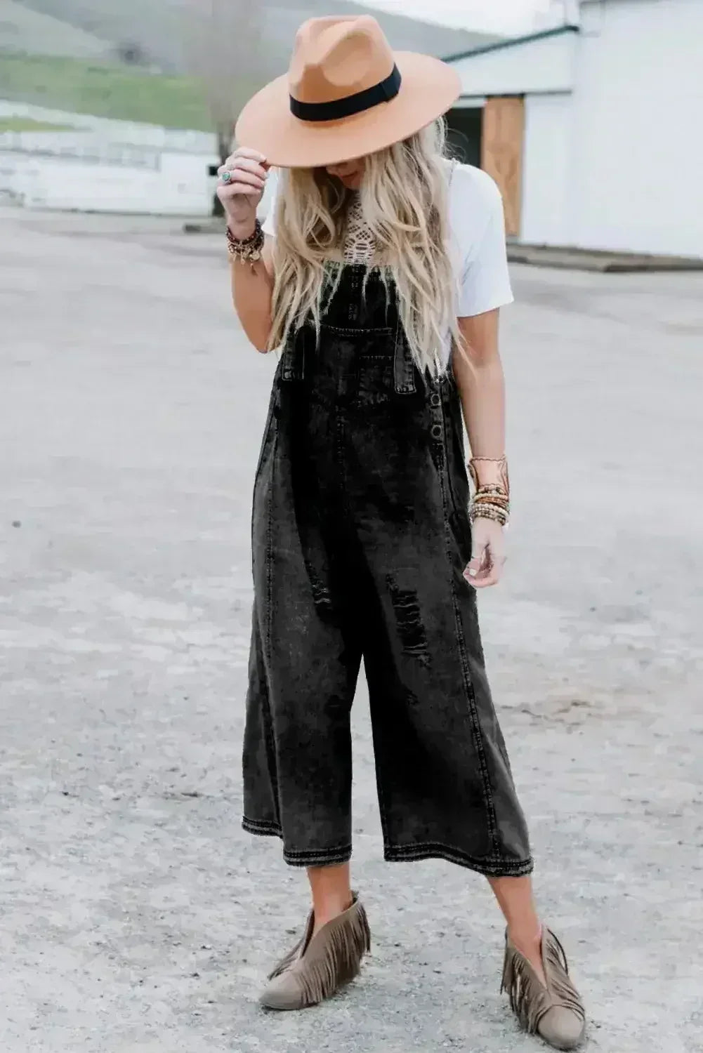 Stone Blue Distressed Bib Pocket Wide Leg Denim Overall - Femstylo