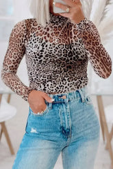 Brown Allover Leopard Print Smocked Neck Mesh Bodysuit - Femstylo