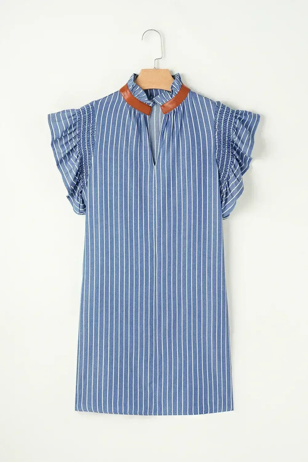 Sky Blue Stripe Frilly Split Neck Shirred Ruffle Sleeve Mini Shift Dress - Femstylo