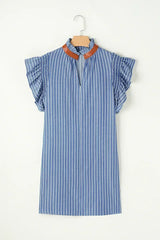 Sky Blue Stripe Frilly Split Neck Shirred Ruffle Sleeve Mini Shift Dress - Femstylo