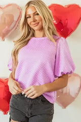 Phalaenopsis Puff Sleeve Blouse - Textured O-Neck Top | Femstylo - Femstylo