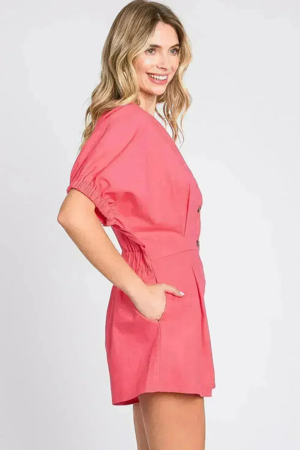 GeeGee Half Button V-Neck Linen Romper - Femstylo