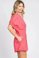 GeeGee Half Button V-Neck Linen Romper - Femstylo