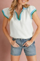 Beau Blue Color Collared V Neck Ruffle Sleeve Blouse | Femstylo - Femstylo